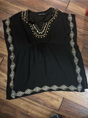 Black A-frame embroidered oversized, Aztec cover-up blouse, swim resort vacation